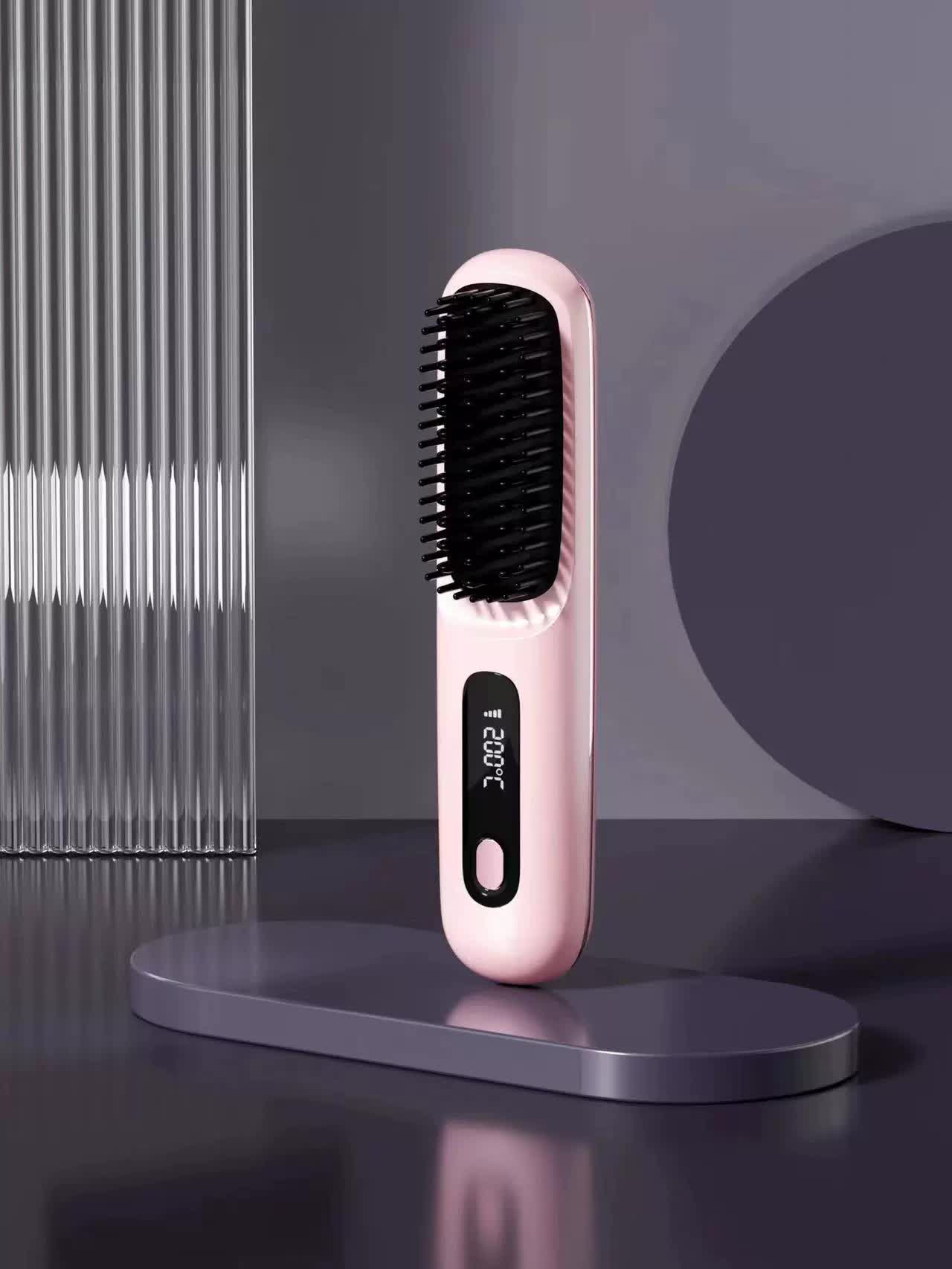 NNEDSZ Pink Wireless Hair Straightening Brush - Compact and Rechargeable Styling Tool